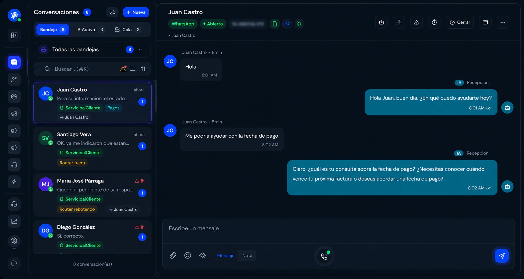 Bandeja de conversaciones con agentes de IA