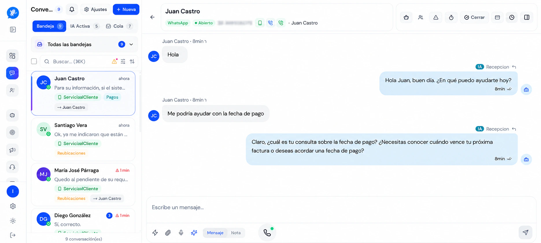 Bandeja de conversaciones con agentes de IA