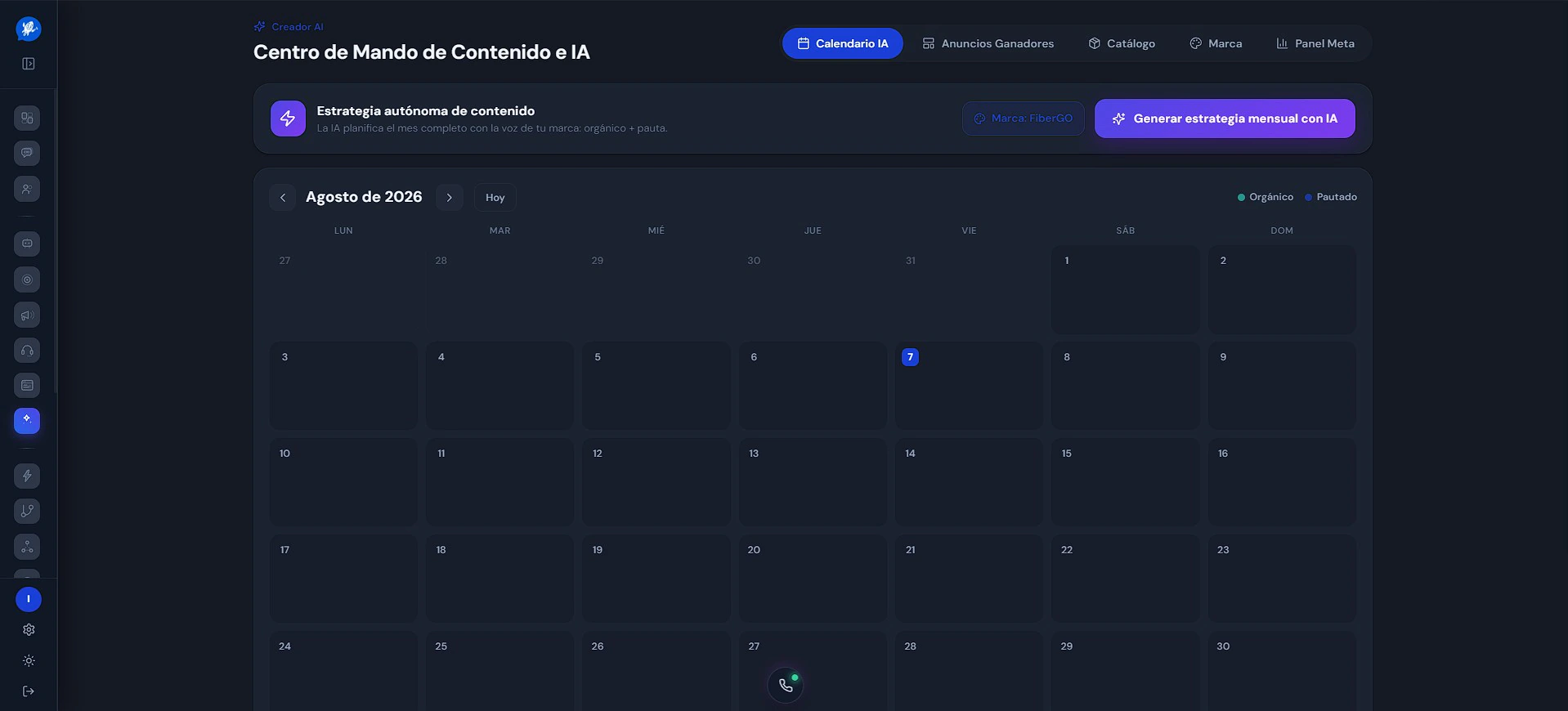 Centro de Mando de Contenido e IA de Fibergo con calendario editorial, estrategia autónoma de contenido y catálogo